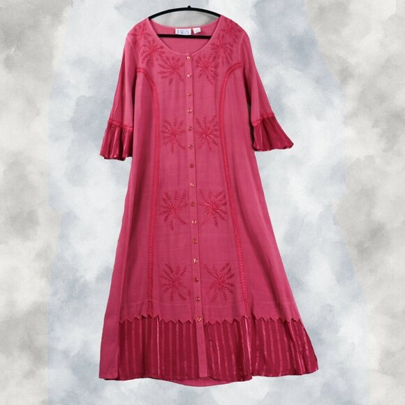 BFA Classic Embroidered Button Front Dress M Boho Fuchsia Rayon Midi Tie Back - Picture 3 of 16